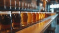Close up of a rack of different kinds of beers, dark to light, on a table. Royalty Free Stock Photo
