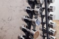 Close up of rack with modern metal dumbbells. Sports equipment in the gym or fitness club
