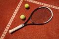 Close up racket and balls on tennis terrain Royalty Free Stock Photo