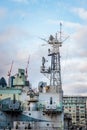 close up of the radar tower of the iconic landmark in London, HMS Belfast, the historical military warship vessel for tourist