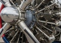 Close-up of a radial aircraft engine, showcasing its complex mechanical structure. Prominent silver Royalty Free Stock Photo
