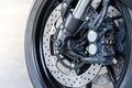 Close up of radial mount caliper on big bike, Motorcycle with Twin Floating Disk Brake and ABS system on a Sport Bike with copy sp