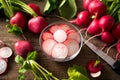 Close up radish slices in the bowl and whole radishes