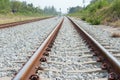 Close up rail joint, rail anchor with perspective line from railroad tracks. Safety transportation. Avoid traffic jam. Royalty Free Stock Photo