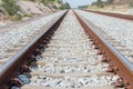 Close up rail joint, rail anchor with perspective line from railroad  tracks. Safety transportation. Avoid traffic jam. Royalty Free Stock Photo