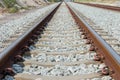 Close up rail joint, rail anchor with perspective line from railroad tracks. Safety transportation. Avoid traffic jam. Public tra Royalty Free Stock Photo