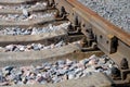 Close up a rail and railway cross ties Royalty Free Stock Photo