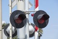 Close up of a railroad crossing light and barrier