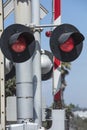 Close up of a railroad crossing light and barrier