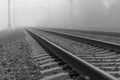 Close-up rails going far into the distance in a fog