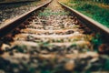 Close up railway track in the evevning , Vintage color concept , Railroad tracks