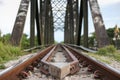 Close up of Railway tracks, steel rails, Empty old rusted train bridge construction at the old station on a Sunny. Old steel Royalty Free Stock Photo