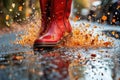 close-up of rain boots splashing in a puddle