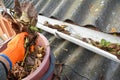 Rain gutters cleaning from leaves. Asbestos roof gutter cleaning Royalty Free Stock Photo