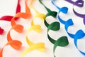 Rainbow of curled ribbons with white background