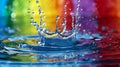 A close up of a rainbow colored water drop with some drops in it, AI Royalty Free Stock Photo