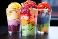 close-up of rainbow gelato in a glass cup