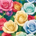 a close-up of a rainbow roses patterns background with white flowers. AI-Generated. Royalty Free Stock Photo