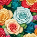 a close-up of a rainbow roses patterns background with white flowers. AI-Generated. Royalty Free Stock Photo