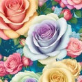 a close-up of a rainbow roses patterns background with white flowers. AI-Generated. Royalty Free Stock Photo