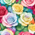 a close-up of a rainbow roses patterns background with white flowers. AI-Generated. Royalty Free Stock Photo