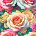 a close-up of a rainbow roses patterns background with white flowers. AI-Generated. Royalty Free Stock Photo