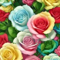 a close-up of a rainbow roses patterns background with white flowers. AI-Generated. Royalty Free Stock Photo