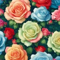 a close-up of a rainbow roses patterns background with white flowers. AI-Generated. Royalty Free Stock Photo