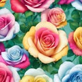 a close-up of a rainbow roses patterns background with white flowers. AI-Generated. Royalty Free Stock Photo