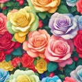 a close-up of a rainbow roses patterns background with white flowers. AI-Generated. Royalty Free Stock Photo