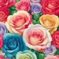 a close-up of a rainbow roses patterns background with white flowers. AI-Generated. Royalty Free Stock Photo