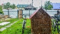 Close up of raindrop window. View of the yard on a rainy day, Russia.