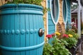 close-up of rainwater barrel with downspout and filter Royalty Free Stock Photo