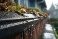 close-up of rainwater overflowing a gutters edge