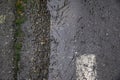 Close up of rainwater running down the edge of the street and sidewalk