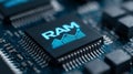 Close-up of RAM microchip with glowing performance growth icon on circuit board Royalty Free Stock Photo