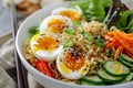 Close-up of ramen bowl with eggs and vegetables. Artificial intelligence image Royalty Free Stock Photo