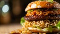 Close up of a ramen burger, combining the noodles of ramen with the convenience of a burger, food mashup concept.