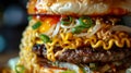 Close up of a ramen burger, combining the noodles of ramen with the convenience of a burger, food mashup concept. Royalty Free Stock Photo