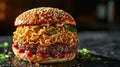 Close up of a ramen burger, combining the noodles of ramen with the convenience of a burger, food mashup concept.