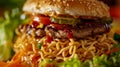 Close up of a ramen burger, combining the noodles of ramen with the convenience of a burger, food mashup concept. Royalty Free Stock Photo