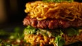 Close up of a ramen burger, combining the noodles of ramen with the convenience of a burger, food mashup concept. Royalty Free Stock Photo