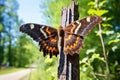 close-up of a rare butterfly on a signpost in a reserve
