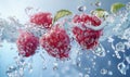 Close-up of raspberries dropped in water. Splashes around