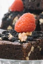 Close up of a raspberry on top of a chocolate brownie with nuts and cookies