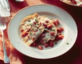 A close-up of ravioli with a tomato sauce, cheese and basil topping is shown on a white plate. AI generated Royalty Free Stock Photo