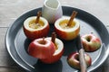 Close up raw apples cooking baked apples wooden table Royalty Free Stock Photo