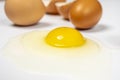 Close-up of raw broken egg showing yellow yolk and transparent white Royalty Free Stock Photo