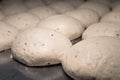 Close-up Raw burger buns dough on a metal baking sheet. Preparing ingredients for burgers Royalty Free Stock Photo