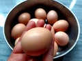 Close-up raw chicken egg group in a stainless steel bowl, and  on blue background Royalty Free Stock Photo